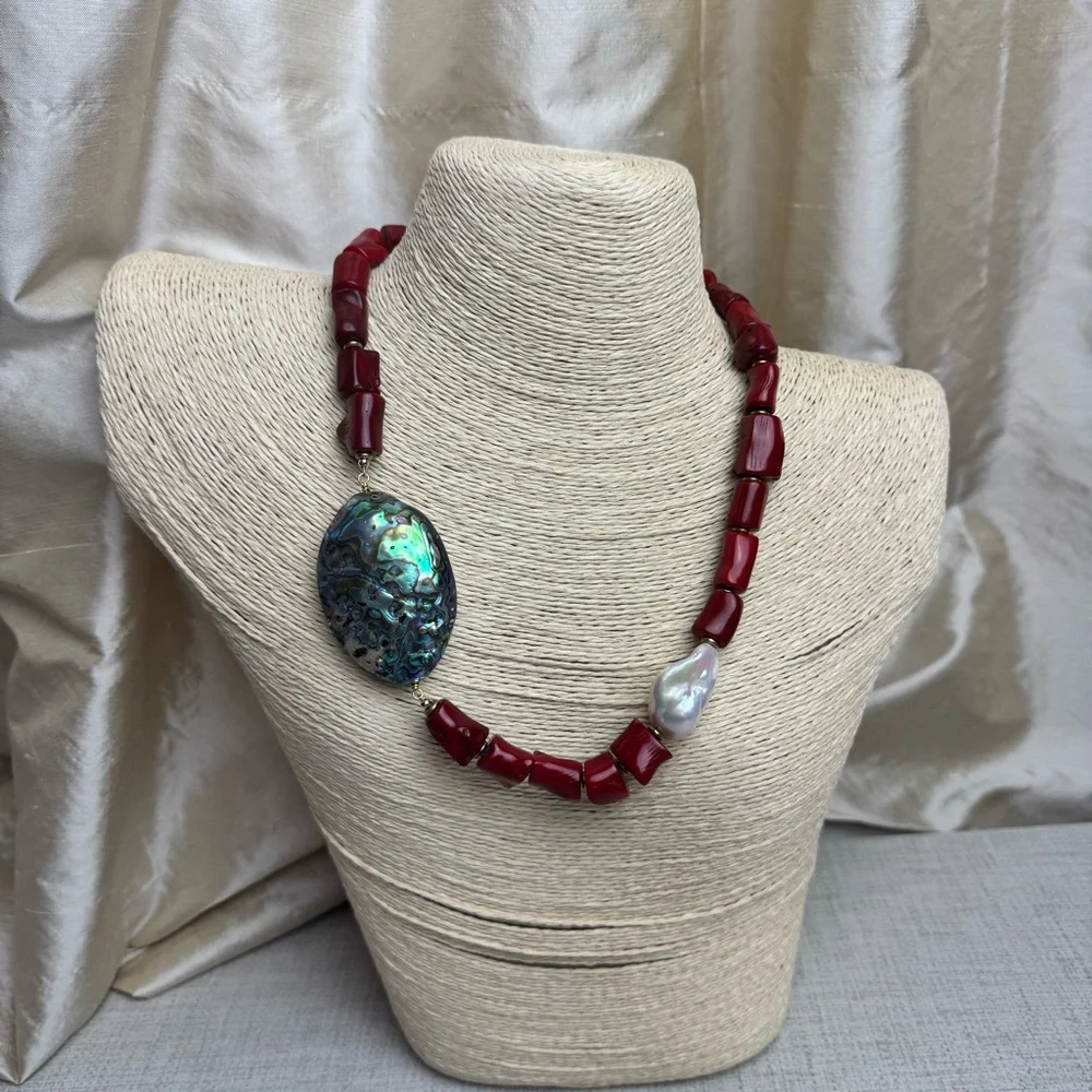 Handmade Coral Abalone Pearl Beaded Statement Necklace - Picture 2 of 8